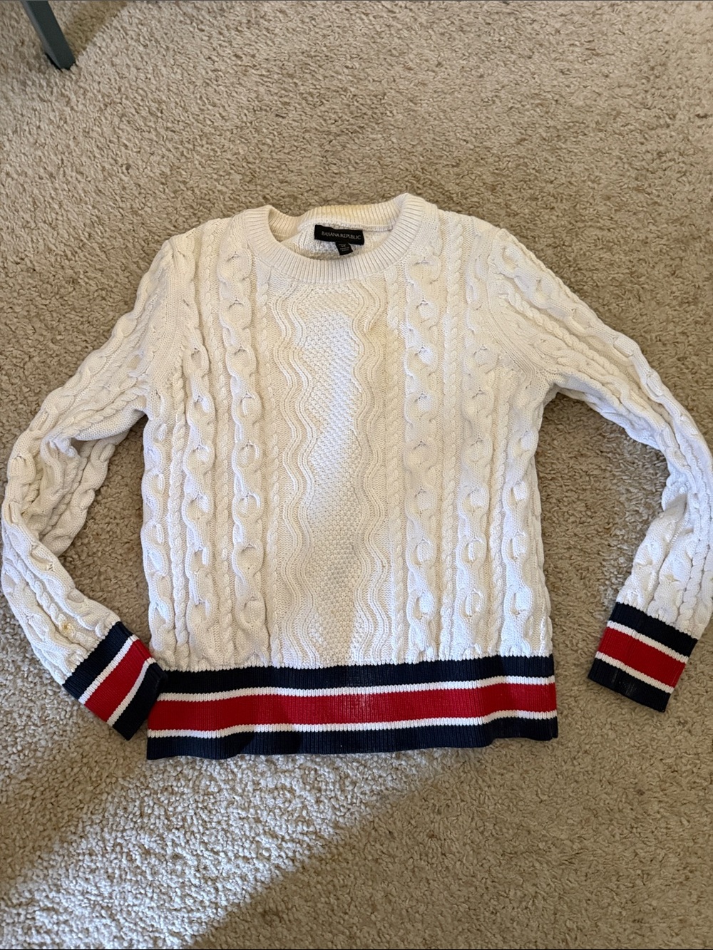 Tommy Hilfiger Cream Cable Knit Crewneck with Red & Navy Stripe Trim